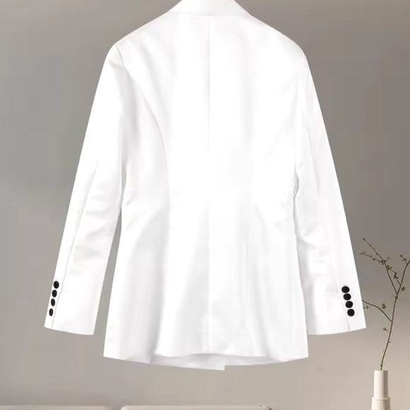 White Stand Collar Jacket Coat Double Pocket Elegant Socialite Women Cuff Button - Picture 10 of 15